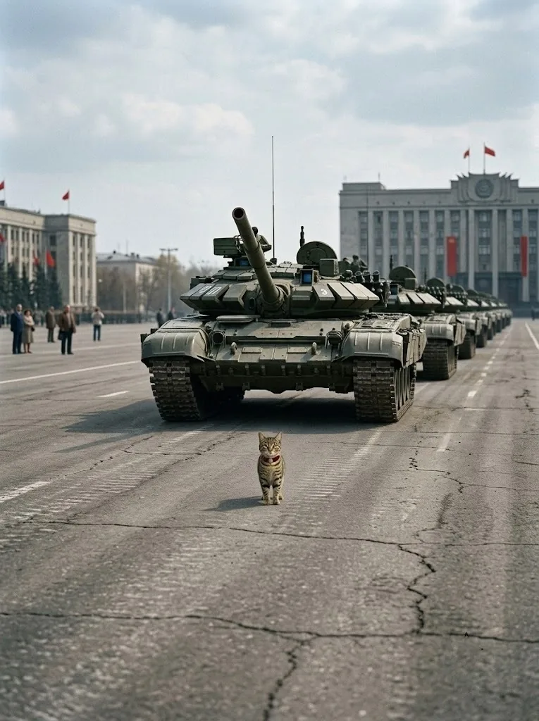 Cate facing a column of tanks